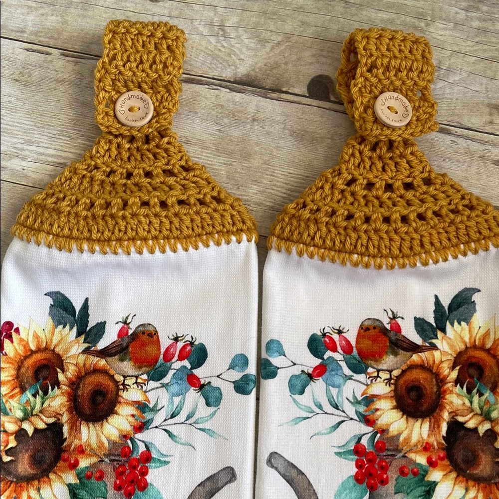 Crochet Top Sunflowers Hanging Towel Set of Two Single Thickness Dark Yellow Top - Picture 2 of 5